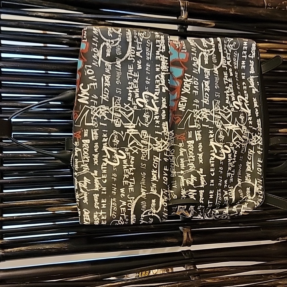 DKNY Tilly Graffiti Foldover Backpack Black Silver New York NWOT $168 Bag Purse